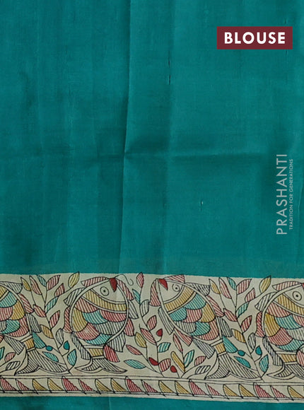 Printed silk saree teal green and cream with allover prints and madhubani printed pallu & border