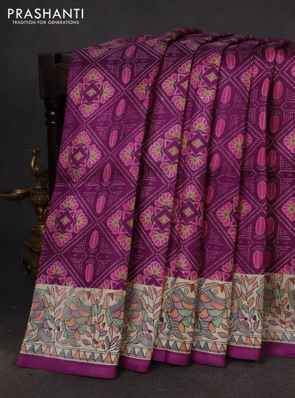Printed silk saree purple and cream with allover prints and madhubani printed pallu & border