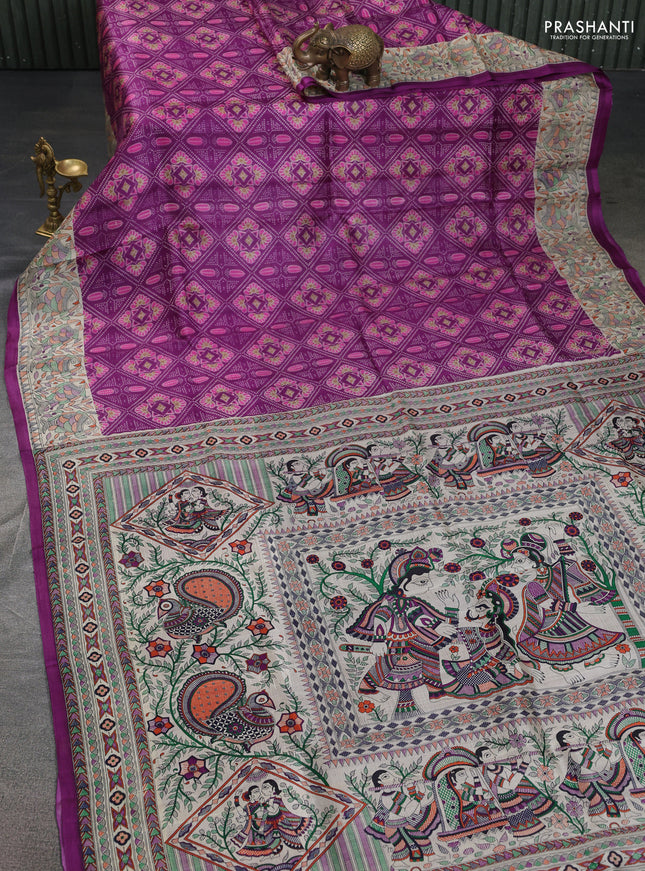 Printed silk saree purple and cream with allover prints and madhubani printed pallu & border