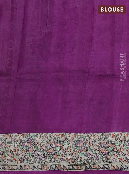 Printed silk saree purple and cream with allover prints and madhubani printed pallu & border