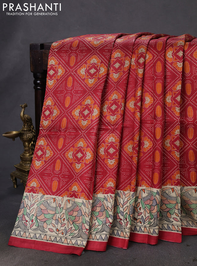 Printed silk saree red and cream with allover prints and madhubani printed pallu & border