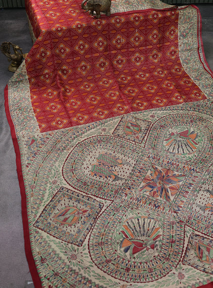 Printed silk saree red and cream with allover prints and madhubani printed pallu & border