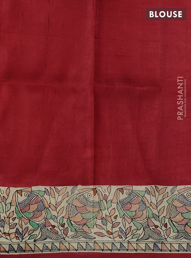 Printed silk saree red and cream with allover prints and madhubani printed pallu & border