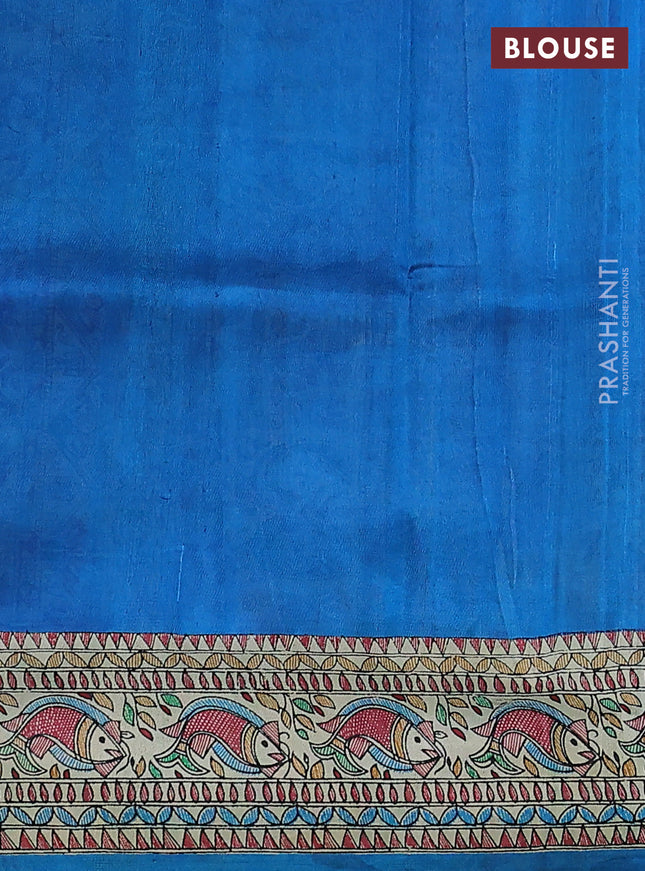 Printed silk saree cs blue and cream with allover ikat prints and madhubani printed pallu & border