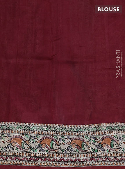 Printed silk saree maroon and cream with allover ikat prints and madhubani printed pallu & border