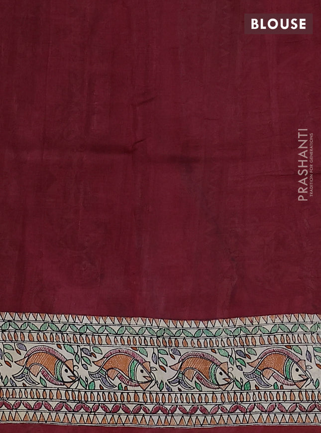 Printed silk saree maroon and cream with allover ikat prints and madhubani printed pallu & border