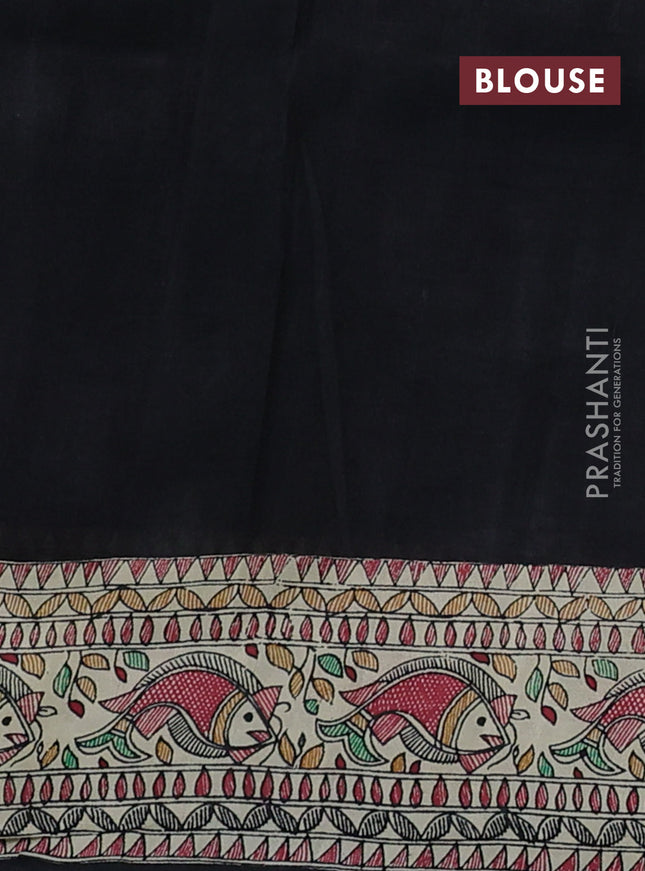 Printed silk saree black and cream with allover ikat prints and madhubani printed pallu & border