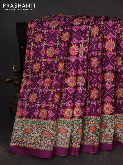 Printed silk saree purple and cream with allover ikat prints and madhubani printed pallu & border