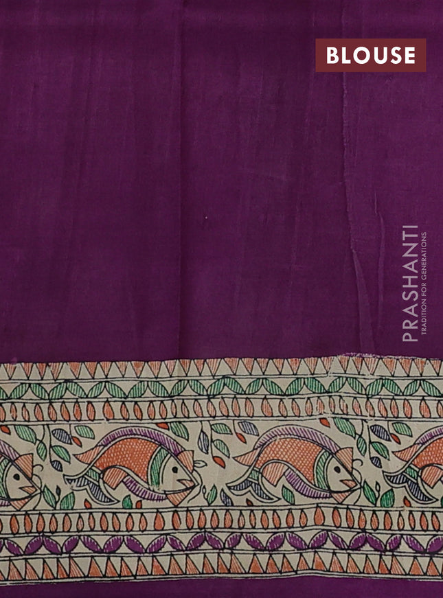 Printed silk saree purple and cream with allover ikat prints and madhubani printed pallu & border