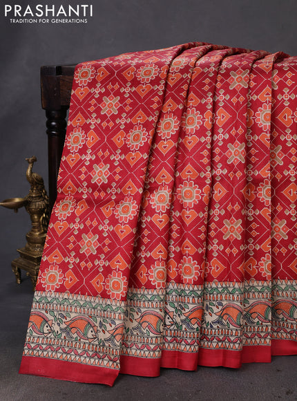 Printed silk saree red and cream with allover ikat prints and madhubani printed pallu & border