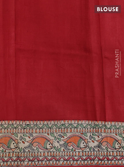 Printed silk saree red and cream with allover ikat prints and madhubani printed pallu & border