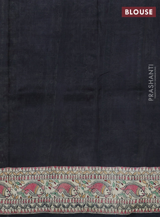 Printed silk saree black and cream with allover ikat prints and madhubani printed pallu & border