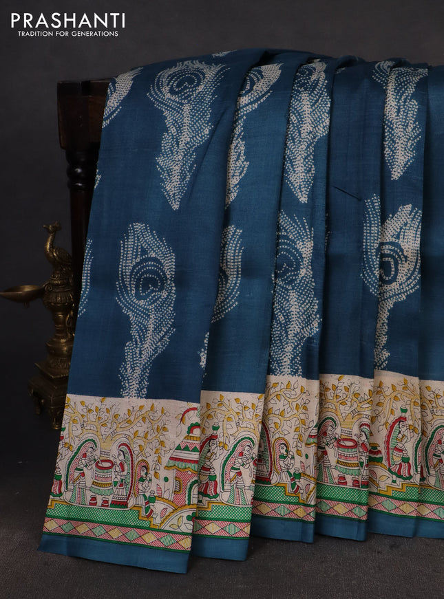 Printed silk saree peacock blue and cream with allover butta prints and madhubani printed pallu & border