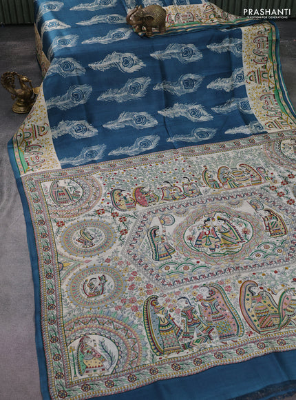 Printed silk saree peacock blue and cream with allover butta prints and madhubani printed pallu & border