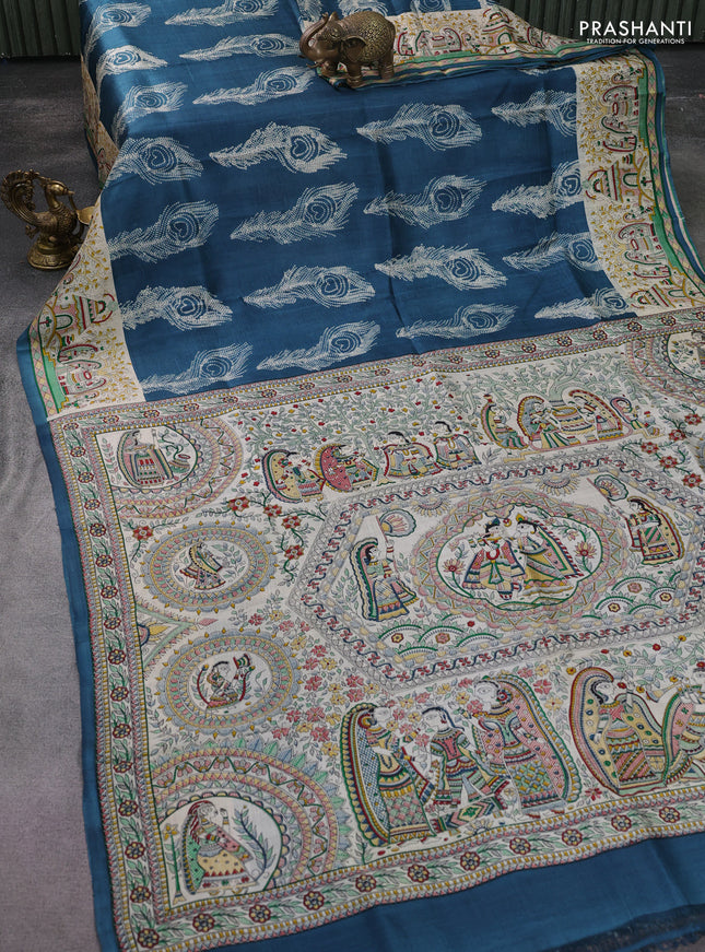 Printed silk saree peacock blue and cream with allover butta prints and madhubani printed pallu & border