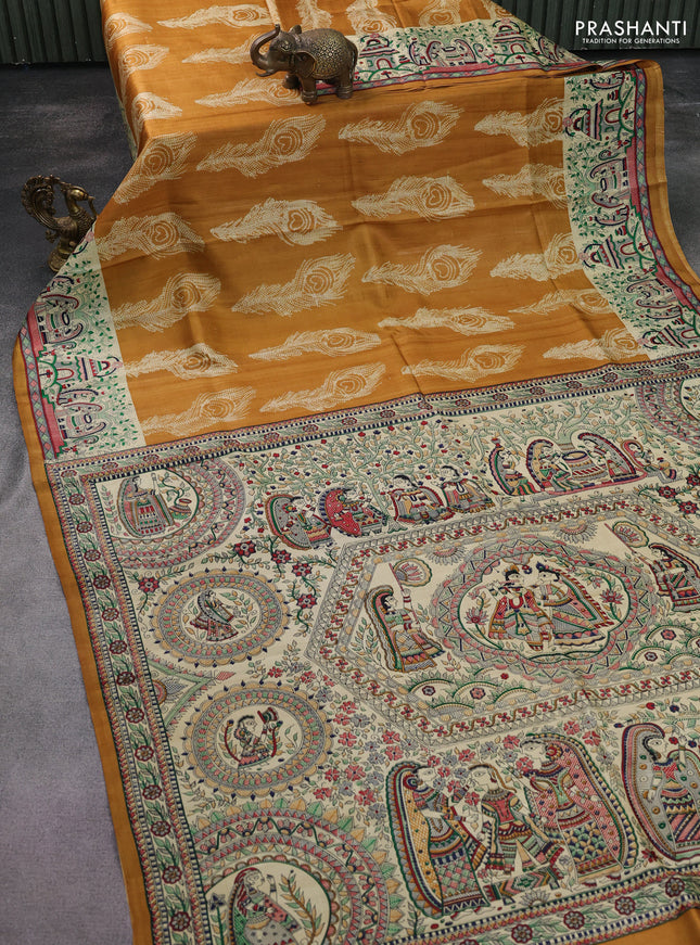 Printed silk saree dark mustard yellow and cream with allover butta prints and madhubani printed pallu & border