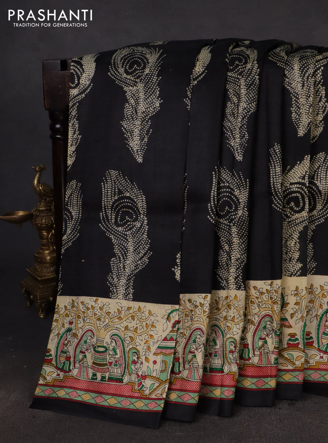 Printed silk saree black and cream with allover butta prints and madhubani printed pallu & border