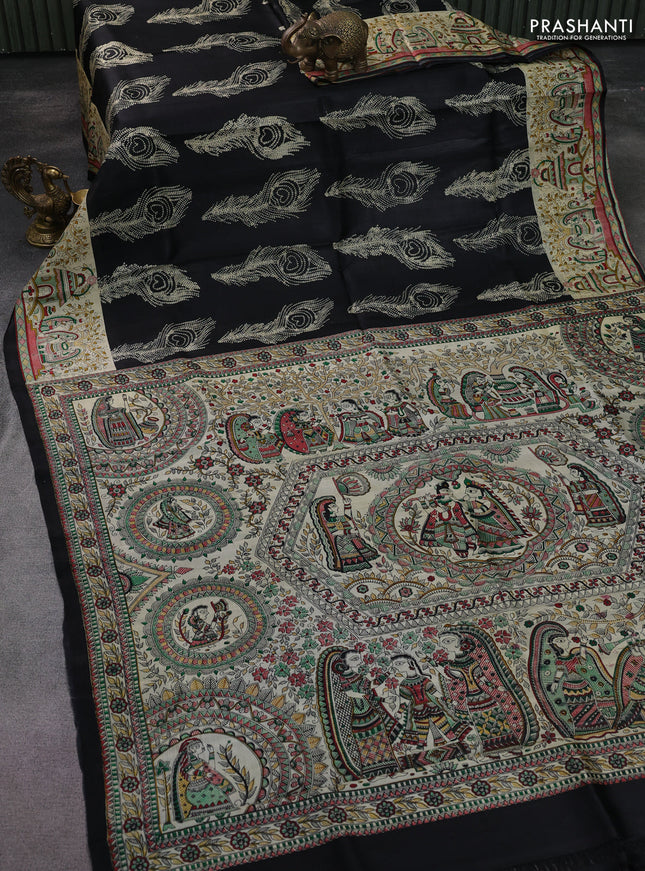Printed silk saree black and cream with allover butta prints and madhubani printed pallu & border