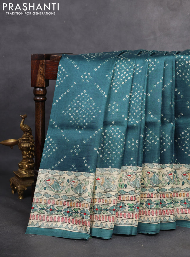 Printed silk saree peacock blue and cream with allover bandhani prints and madhubani printed pallu & border