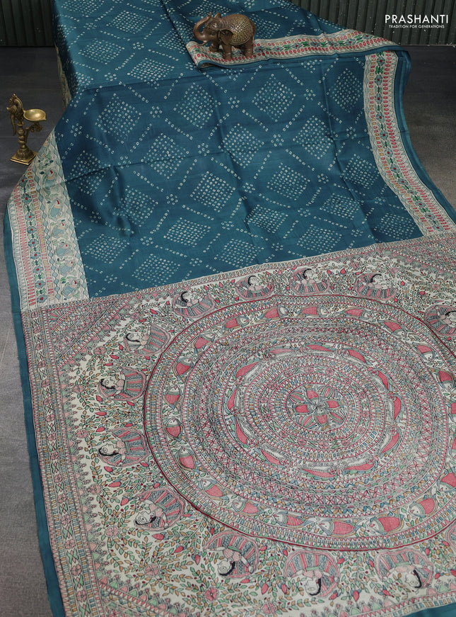 Printed silk saree peacock blue and cream with allover bandhani prints and madhubani printed pallu & border