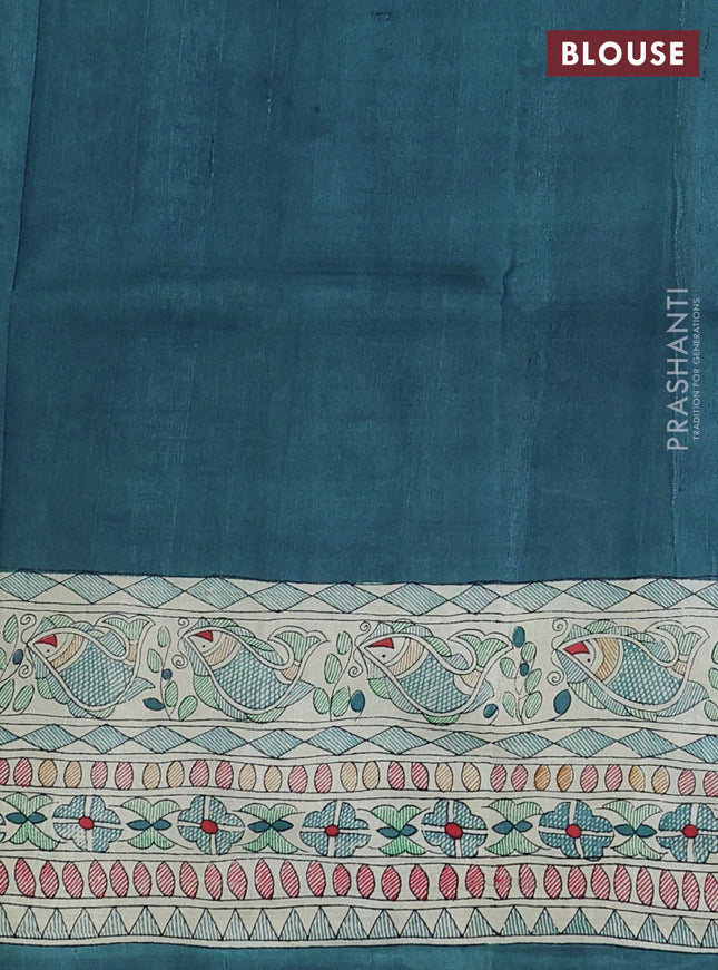 Printed silk saree peacock blue and cream with allover bandhani prints and madhubani printed pallu & border