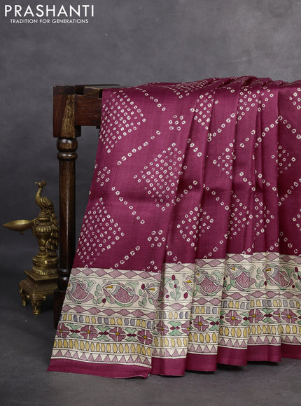 Printed silk saree maroon and cream with allover bandhani prints and madhubani printed pallu & border