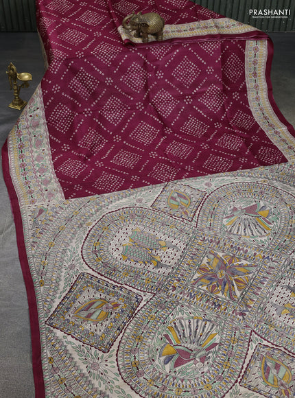 Printed silk saree maroon and cream with allover bandhani prints and madhubani printed pallu & border