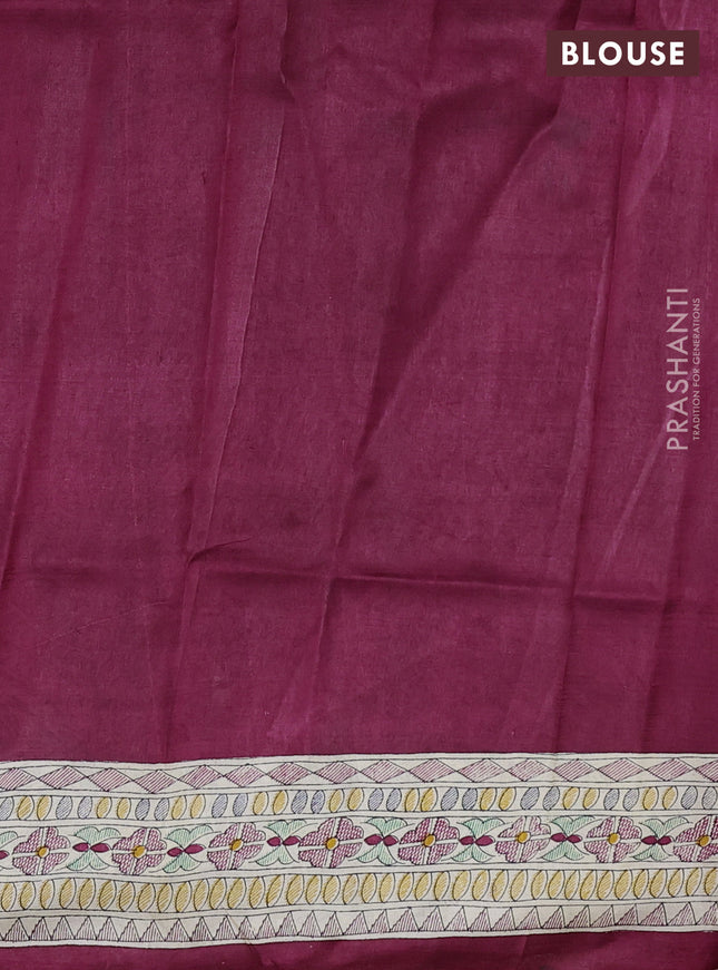 Printed silk saree maroon and cream with allover bandhani prints and madhubani printed pallu & border