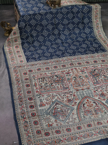 Printed silk saree grey and cream with allover bandhani prints and madhubani printed pallu & border