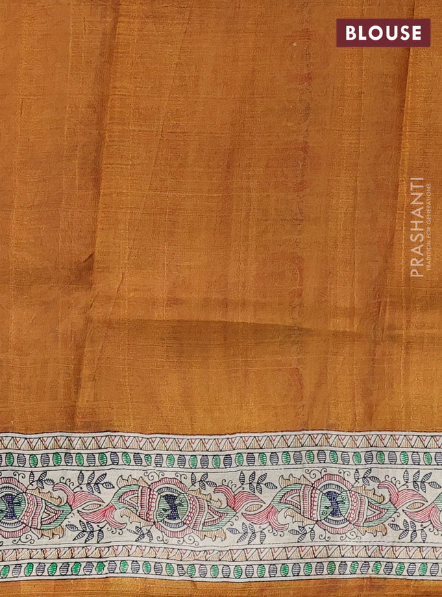 Printed silk saree dark mustard and cream with allover bandhani prints and madhubani printed pallu & border