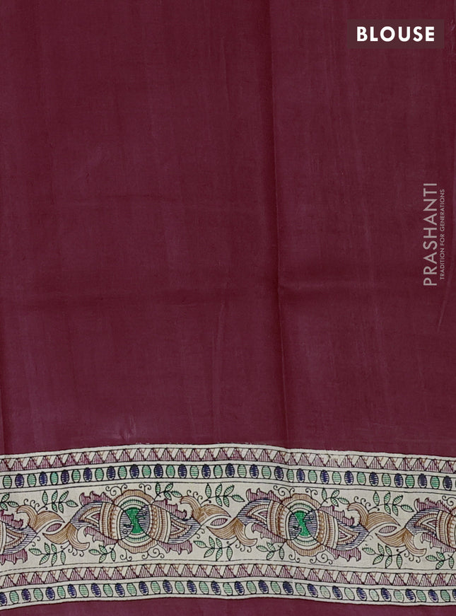 Printed silk saree maroon and cream with allover bandhani prints and madhubani printed pallu & border