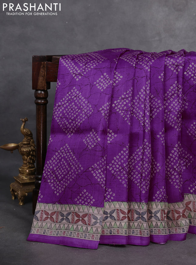 Printed silk saree purple and cream with allover bandhani prints and madhubani printed pallu & border