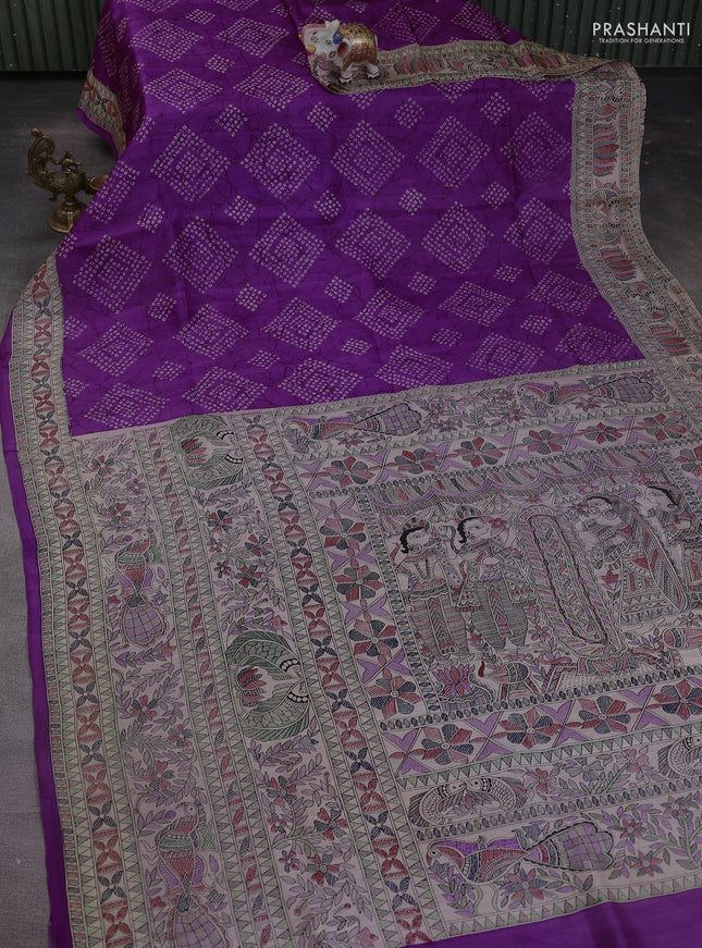 Printed silk saree purple and cream with allover bandhani prints and madhubani printed pallu & border