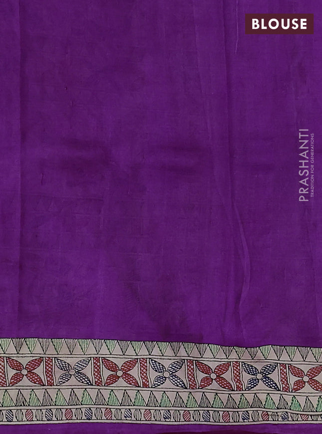 Printed silk saree purple and cream with allover bandhani prints and madhubani printed pallu & border
