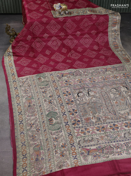 Printed silk saree tomato red and cream with allover bandhani prints and madhubani printed pallu & border