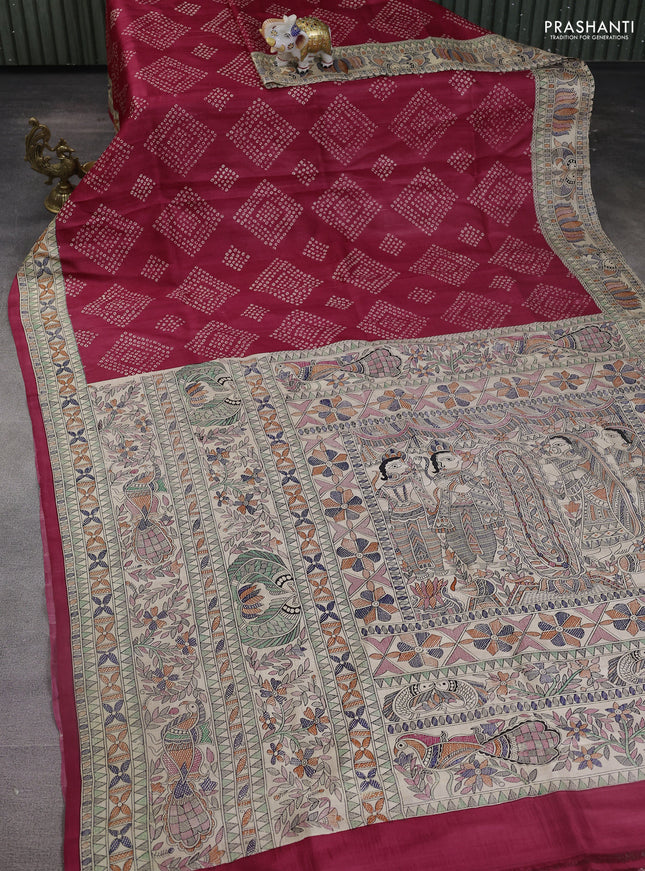 Printed silk saree tomato red and cream with allover bandhani prints and madhubani printed pallu & border