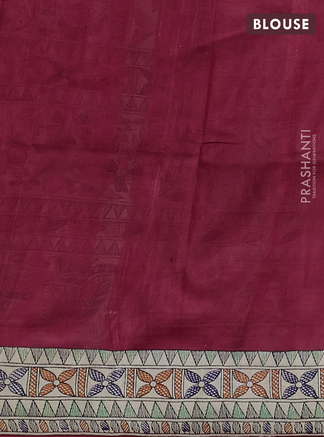 Printed silk saree tomato red and cream with allover bandhani prints and madhubani printed pallu & border