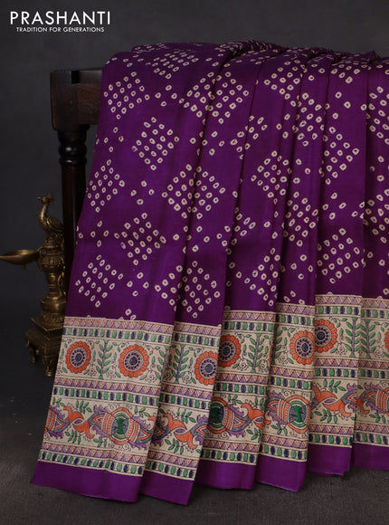 Printed silk saree purple and cream with allover bandhani prints and madhubani printed pallu & border