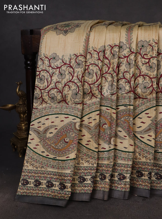 Printed silk saree cream and grey with allover madhubani prints and printed border