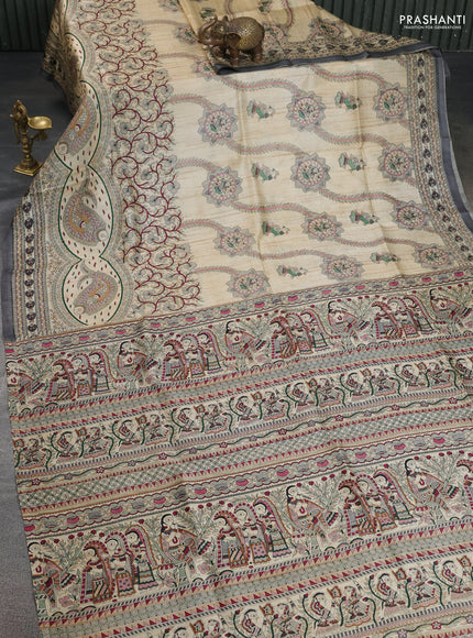 Printed silk saree cream and grey with allover madhubani prints and printed border