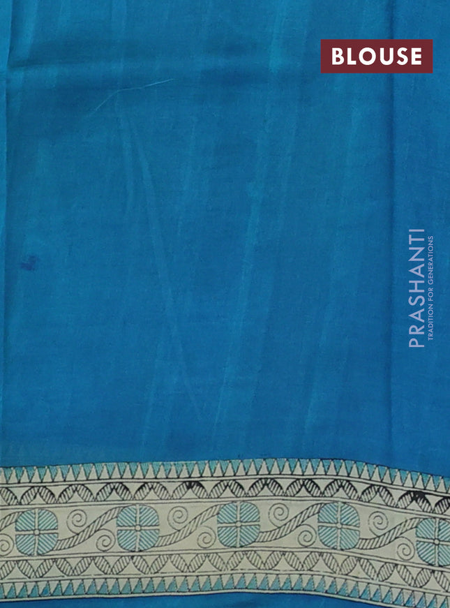 Printed silk saree cs blue and cream with allover shibori prints and madhubani printed pallu & border