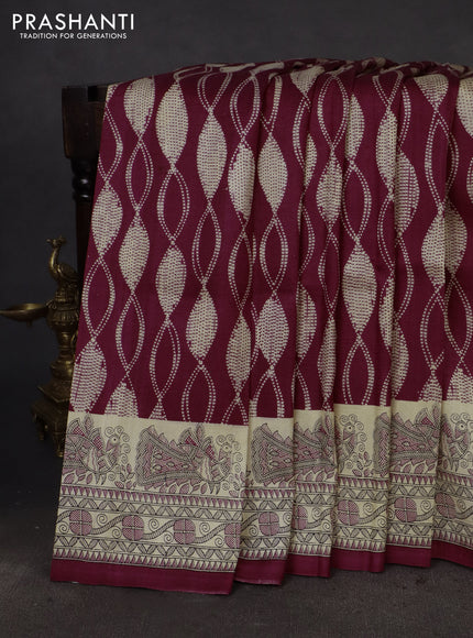 Printed silk saree maroon and cream with allover shibori prints and madhubani printed pallu & border