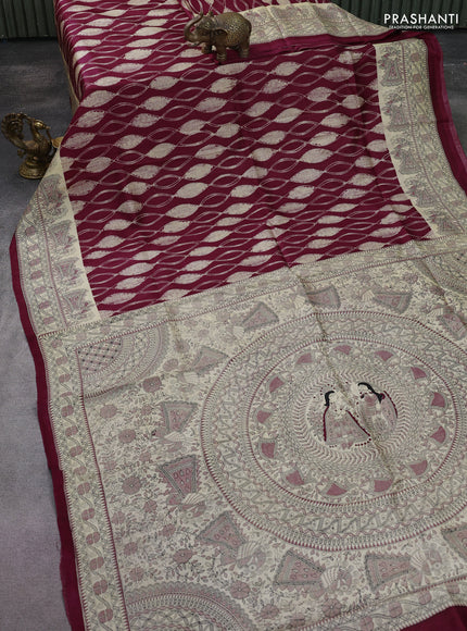 Printed silk saree maroon and cream with allover shibori prints and madhubani printed pallu & border
