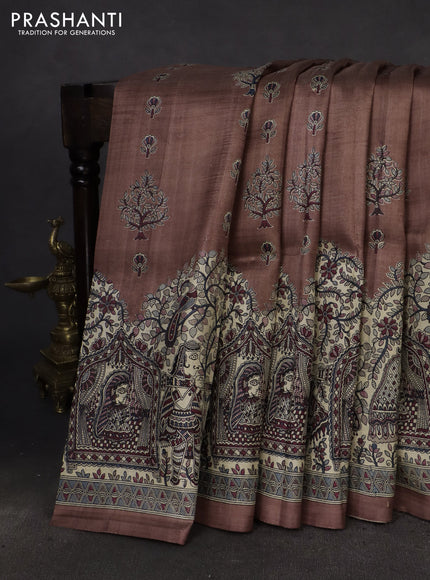 Printed silk saree pastel brown and cream with butta prints and madhubani printed pallu & border