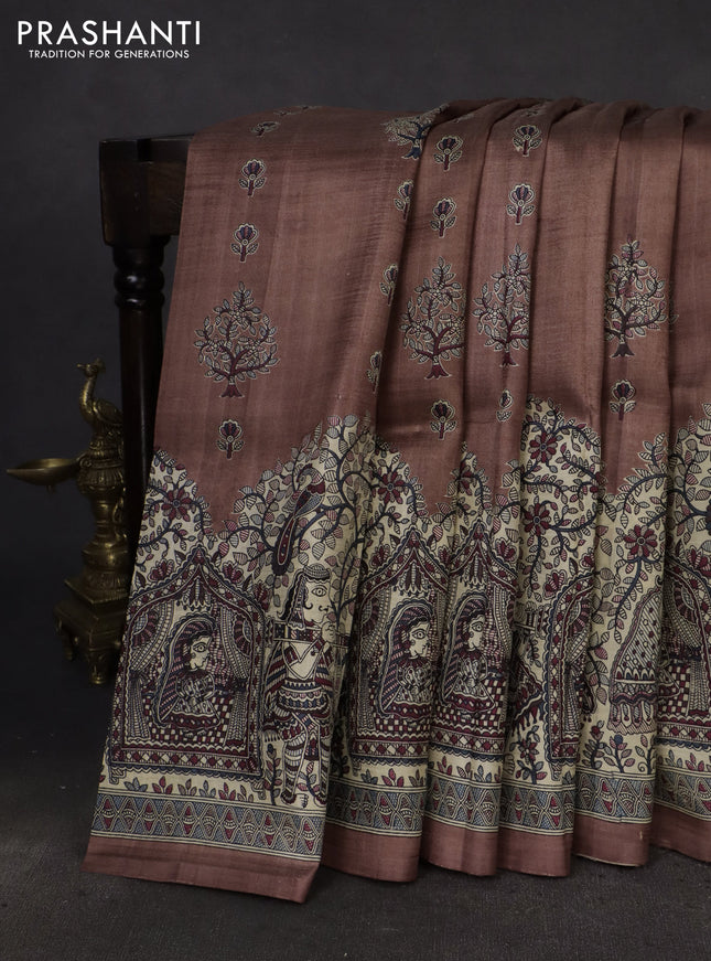 Printed silk saree pastel brown and cream with butta prints and madhubani printed pallu & border