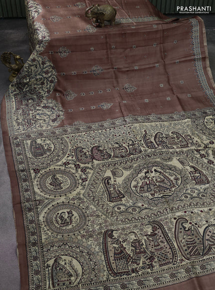 Printed silk saree pastel brown and cream with butta prints and madhubani printed pallu & border
