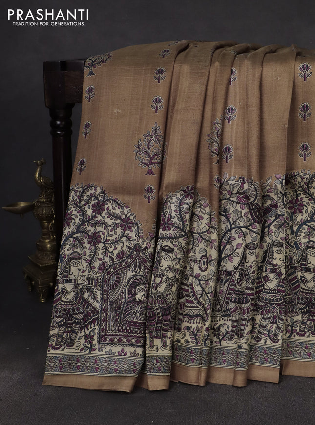 Printed silk saree dark sandal and cream with butta prints and madhubani printed pallu & border