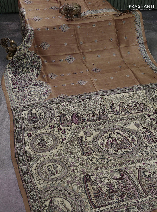 Printed silk saree dark sandal and cream with butta prints and madhubani printed pallu & border