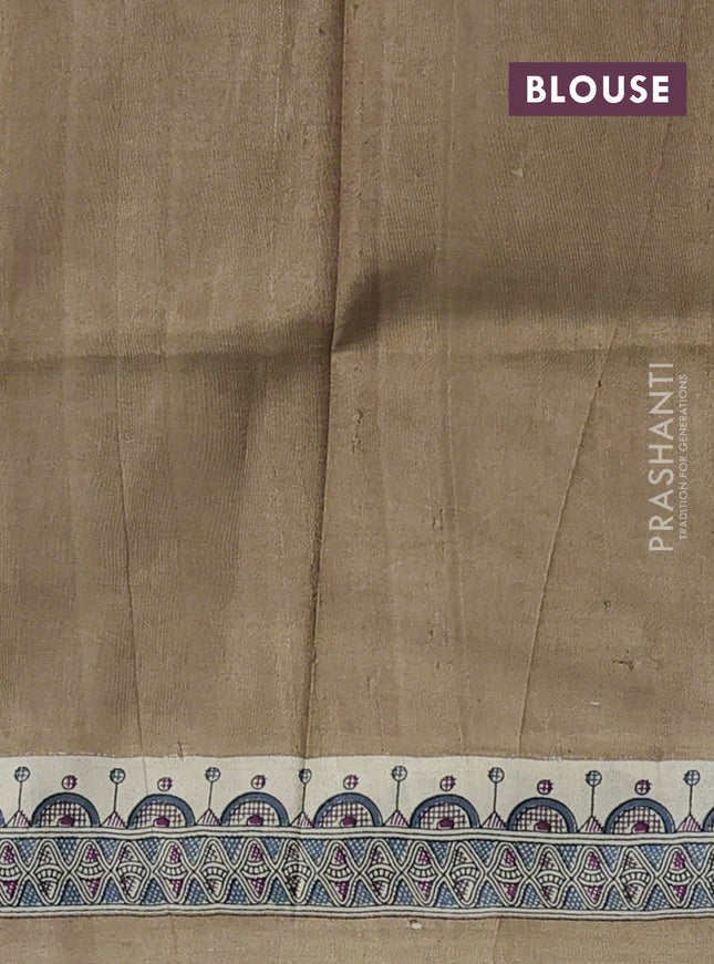 Printed silk saree dark sandal and cream with butta prints and madhubani printed pallu & border