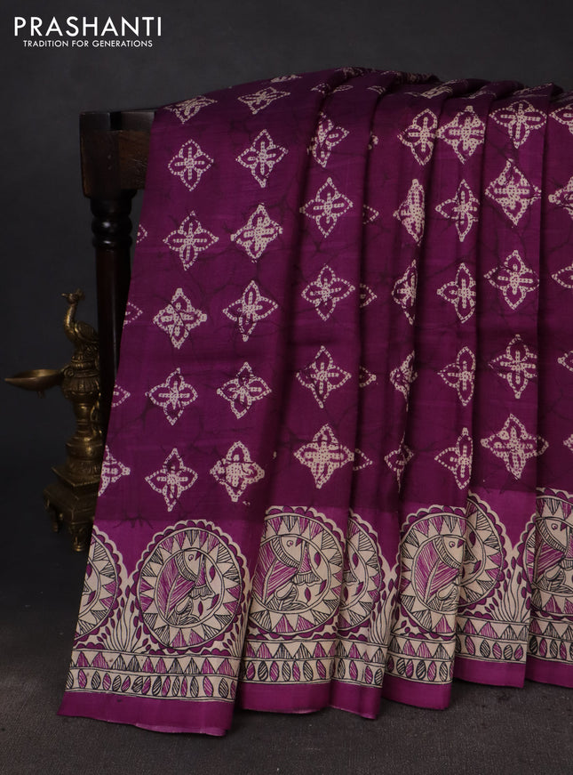Printed silk saree purple and cream with allover shibori prints and madhubani printed pallu & border